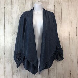 Peck & Peck Chambray Lyocell Open Front Roll Tab Sleeves Blazer Large